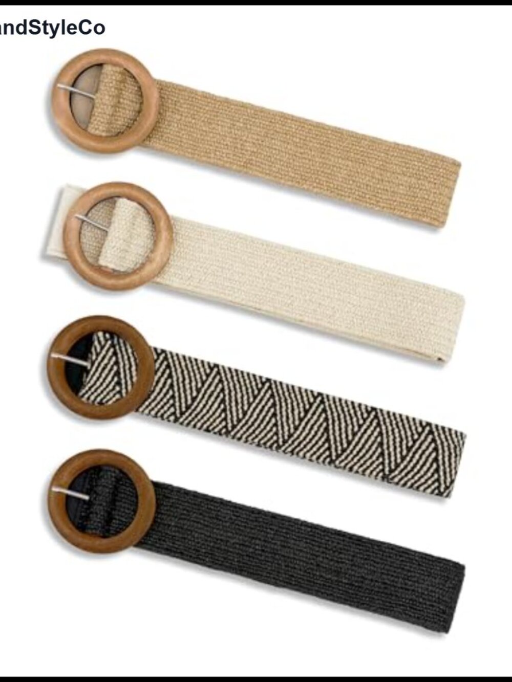 4Pcs Straw Woven Elastic Waist Belt with Round Wood Buckle